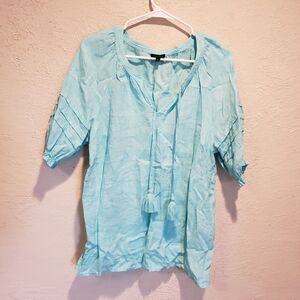 Talbots Blue Tassel Tie Neck Short Sleeve Linen Blouse Large